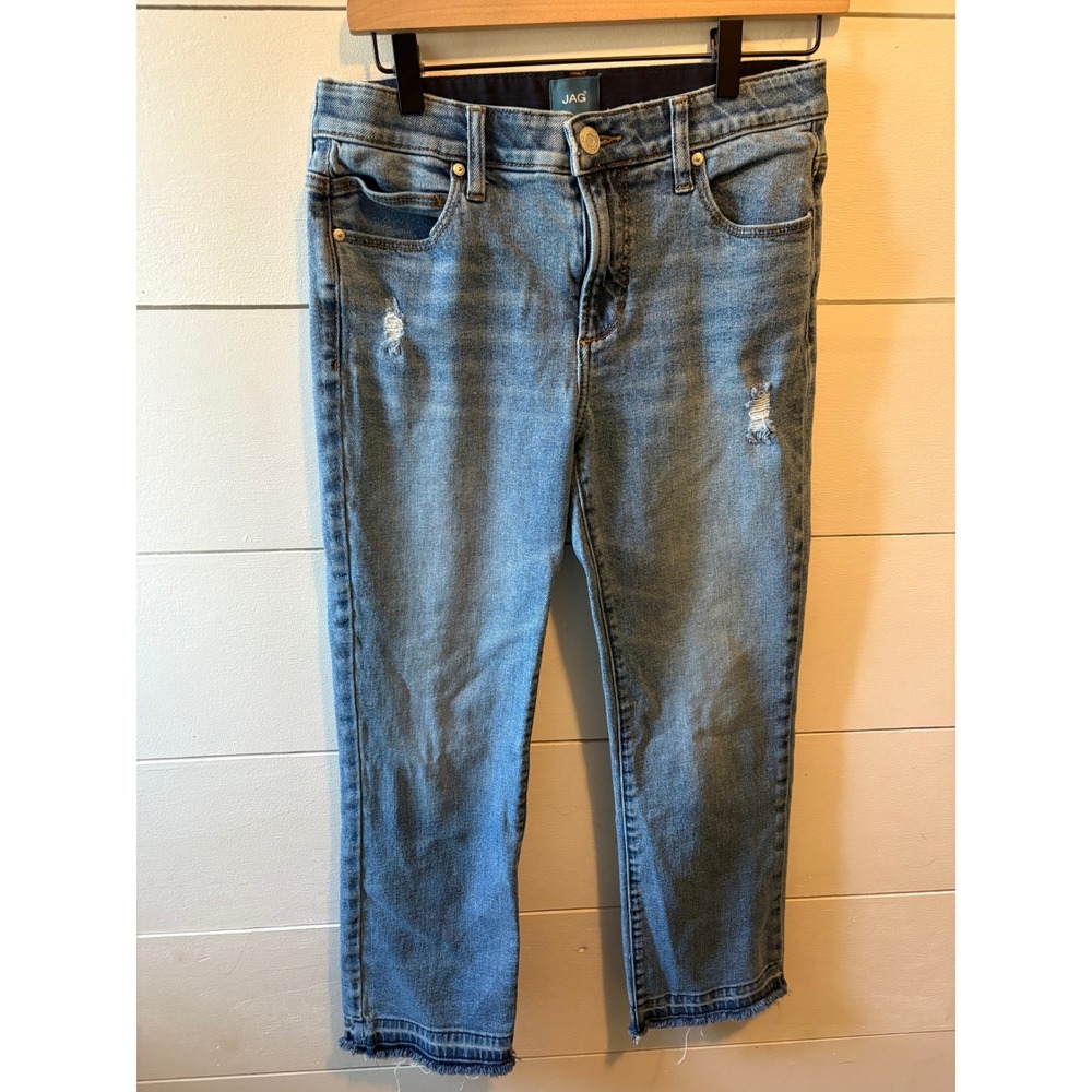 Jag Eloise Cropped Boot Jeans Medium Wash Distressed Raw Hem Size 4/26